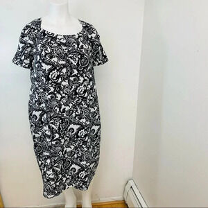Roamans  Midi Dress 20W Black White Floral Zip Short Sleeve Classic Work  Office